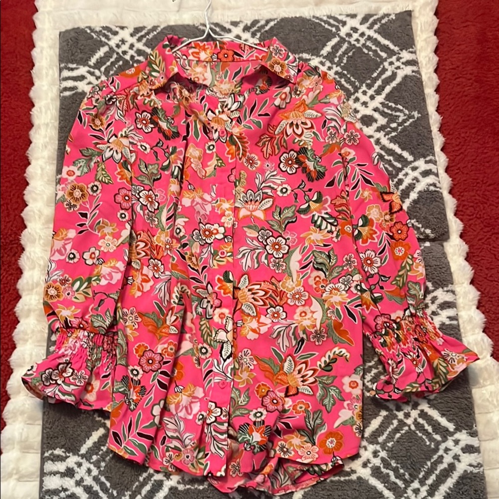 Strawberry Pink Floral Print Smocked Cuff Puff Sleeve Shirt